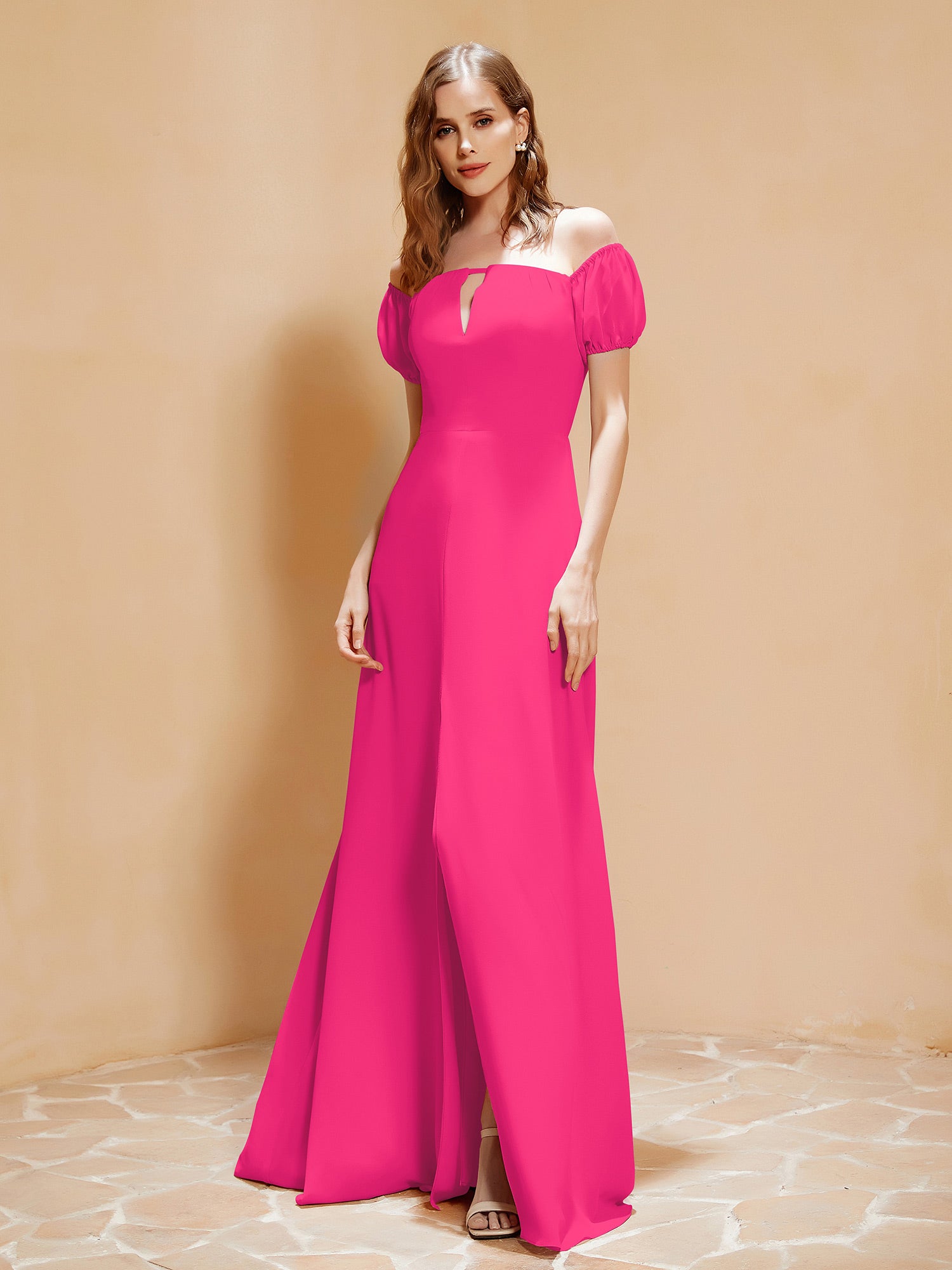Half Sleeves Long Gown with Slit Fuchsia